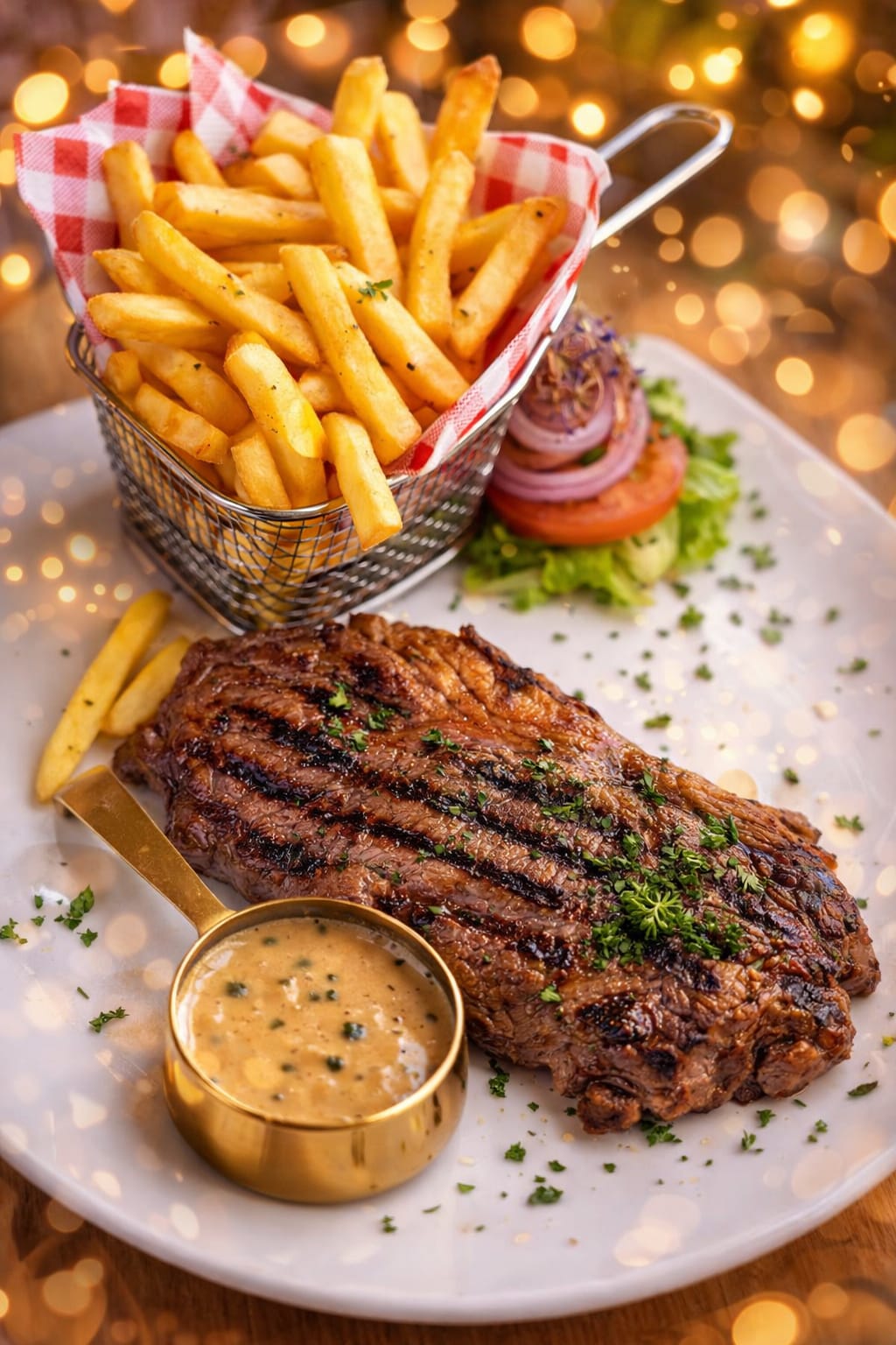 Entrecôte grillée, frites et sauce secrète